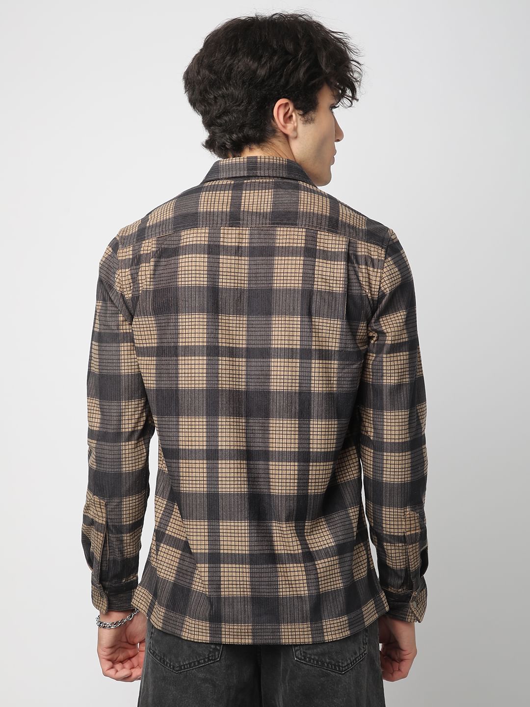 Brown Pearl Checks Double Pocket Corduroy Overshirt