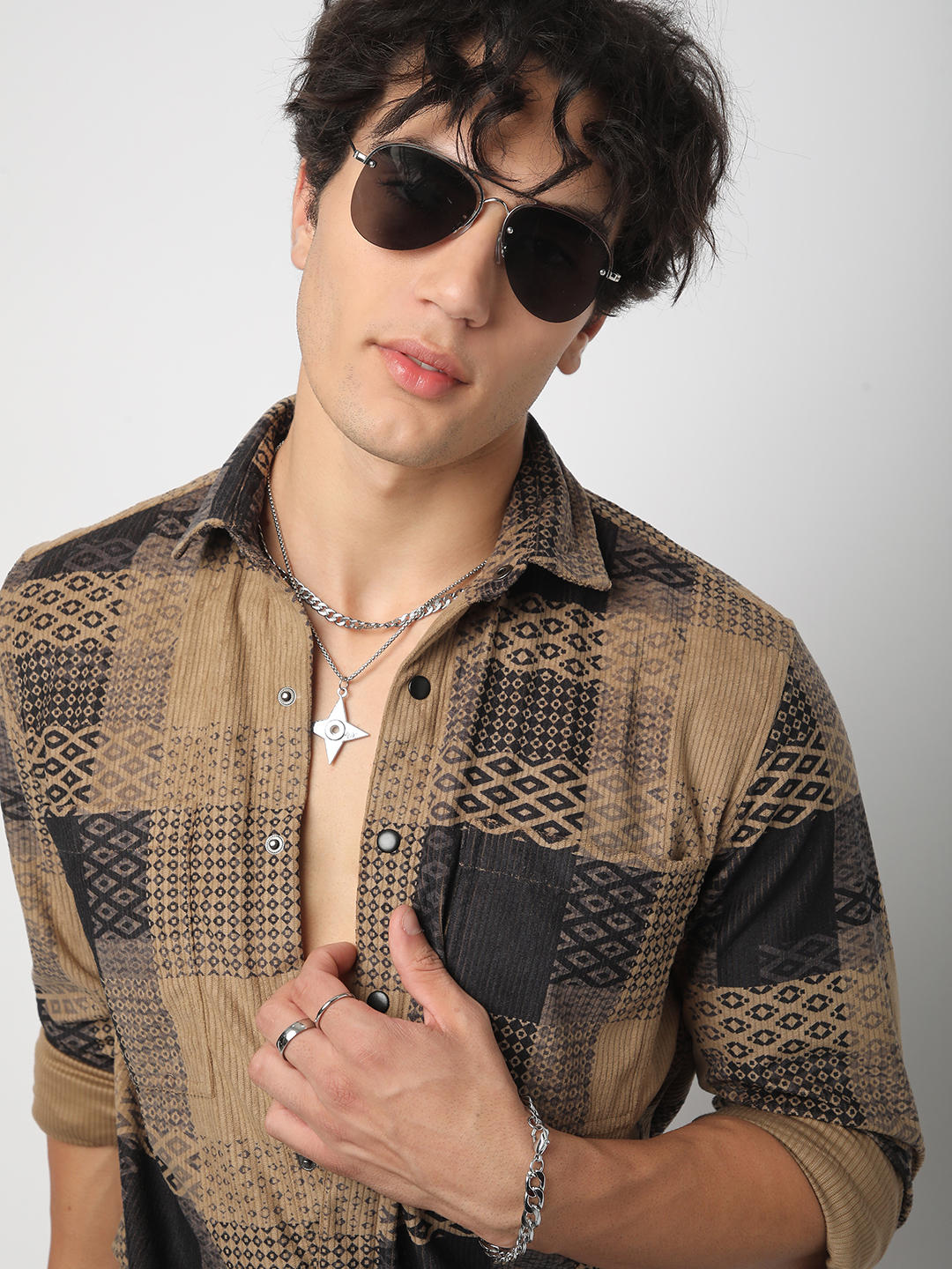 Brown Motifs Printed Double Pocket Corduroy Shirt