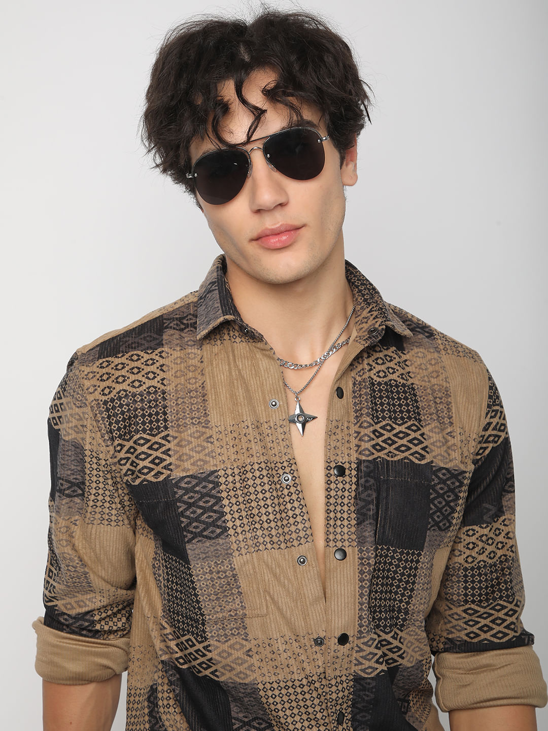 Brown Motifs Printed Double Pocket Corduroy Shirt