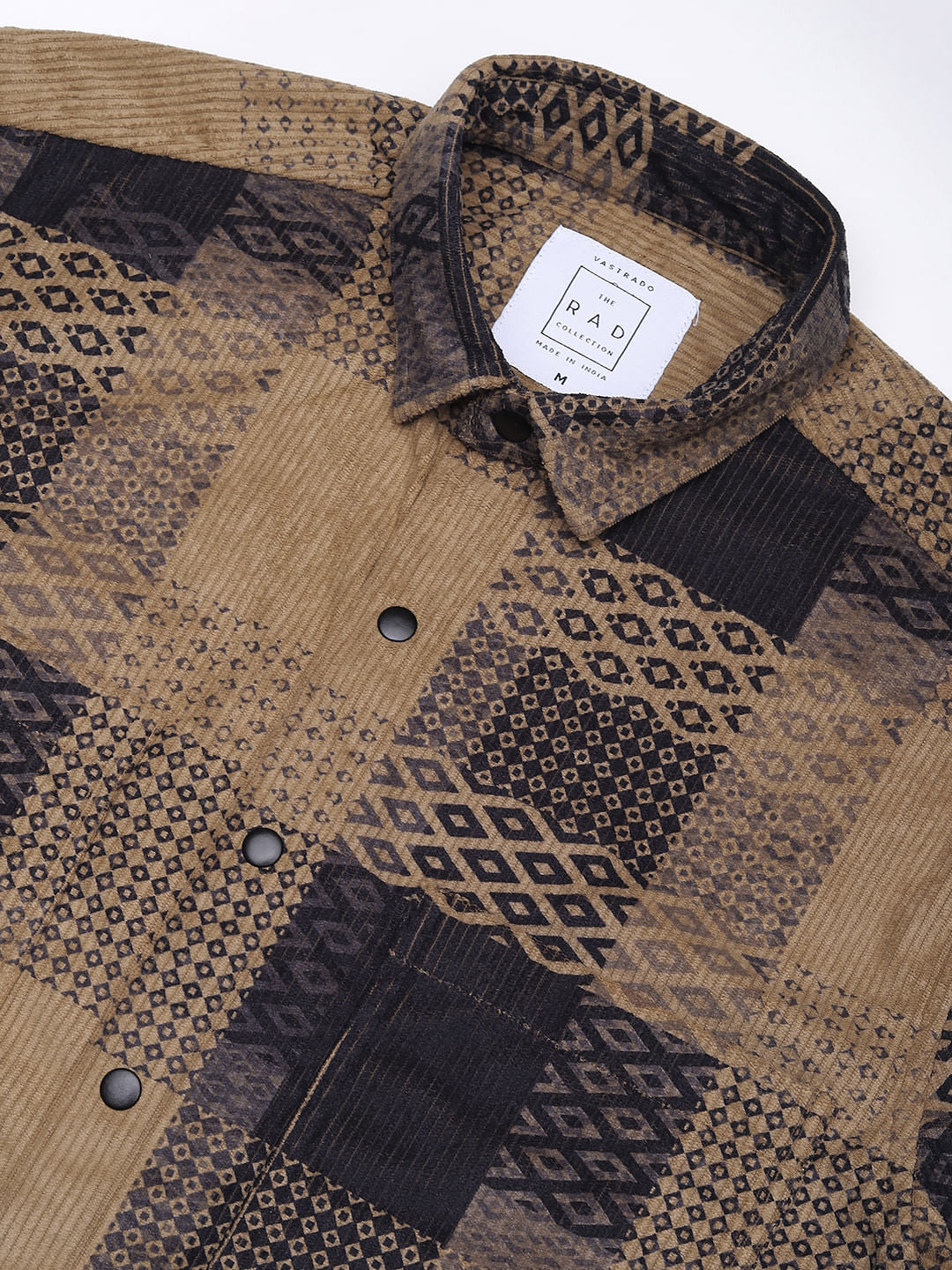 Brown Motifs Printed Double Pocket Corduroy Shirt