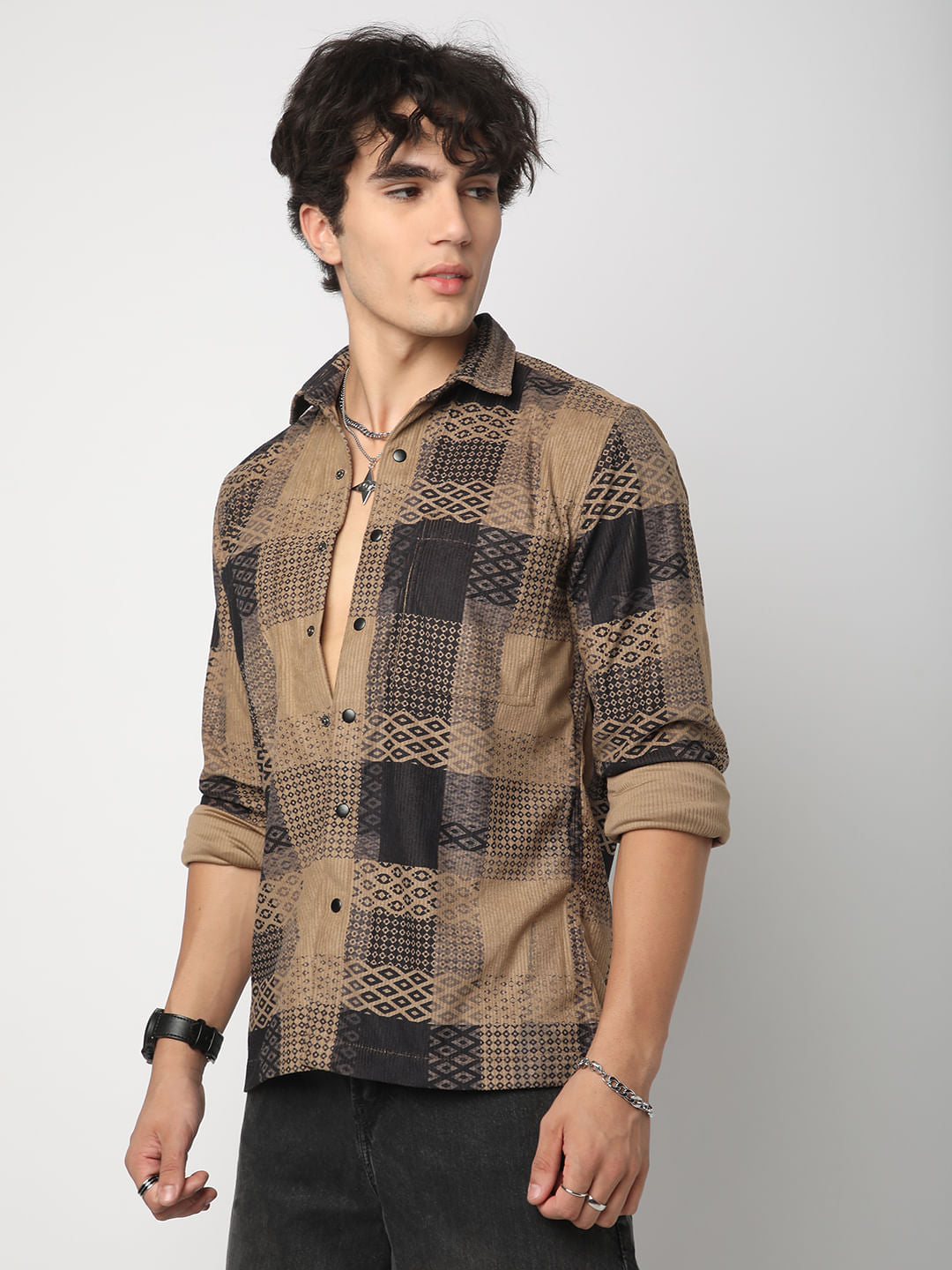Brown Motifs Printed Double Pocket Corduroy Shirt
