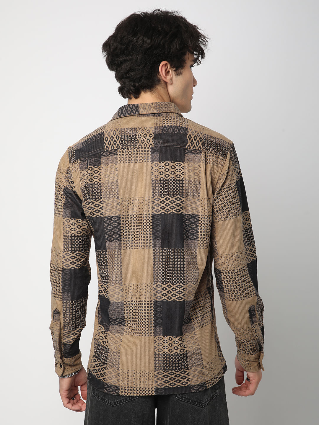 Brown Motifs Printed Double Pocket Corduroy Shirt