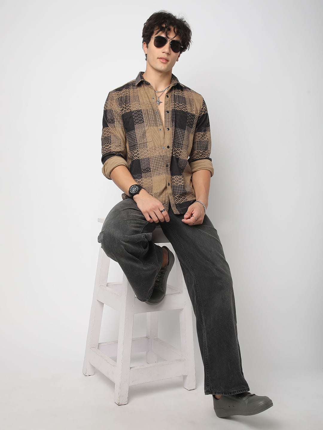 Brown Motifs Printed Double Pocket Corduroy Shirt