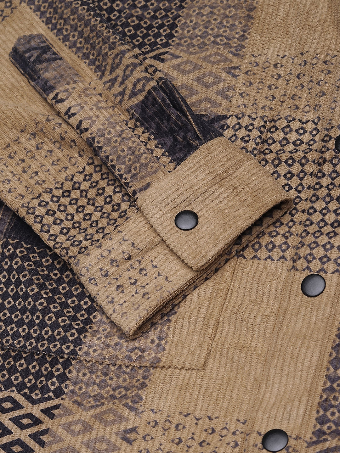 Brown Motifs Printed Double Pocket Corduroy Shirt
