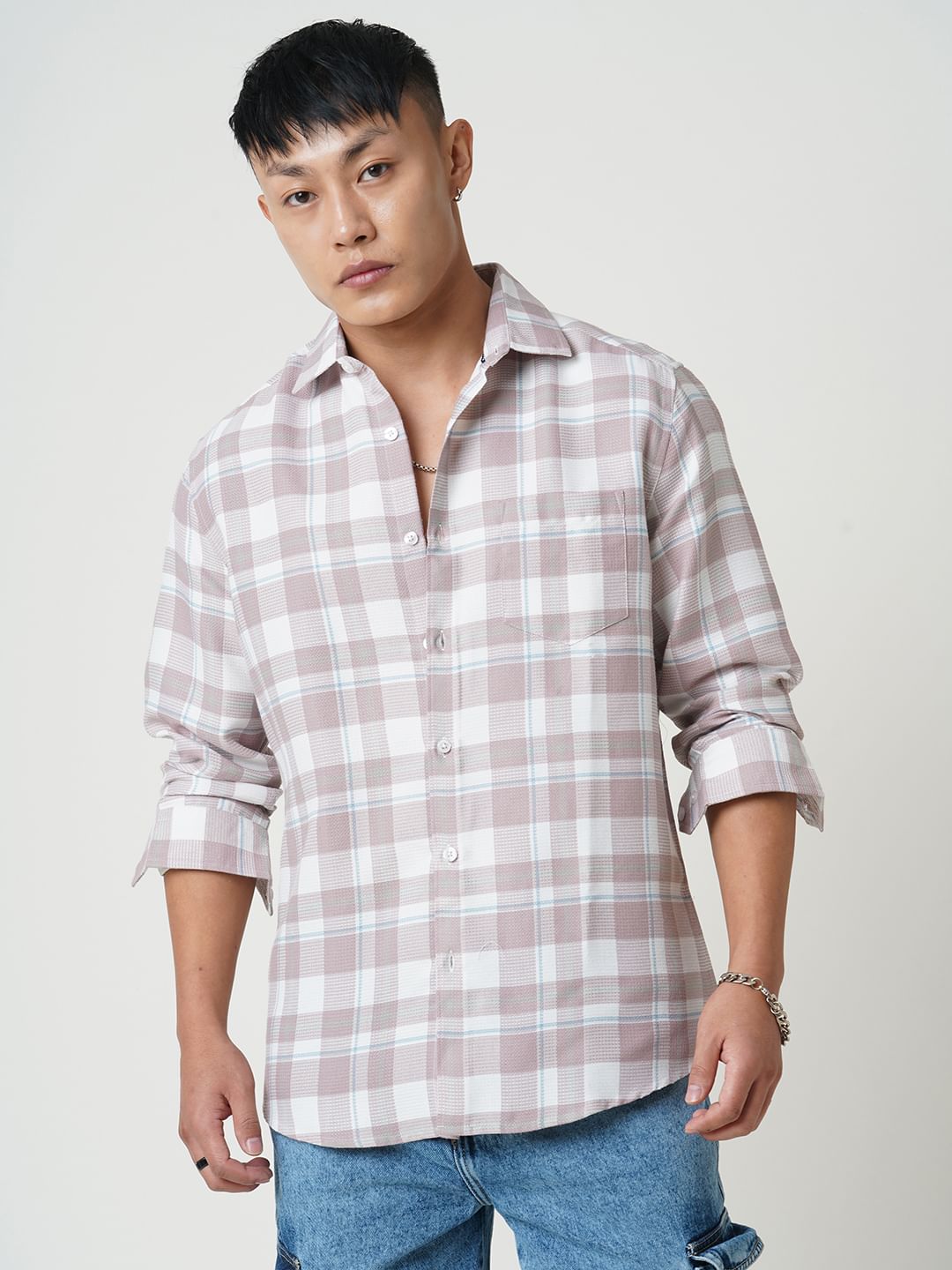 Turkish Rose Pink Plaid Checks Waffle Shirt
