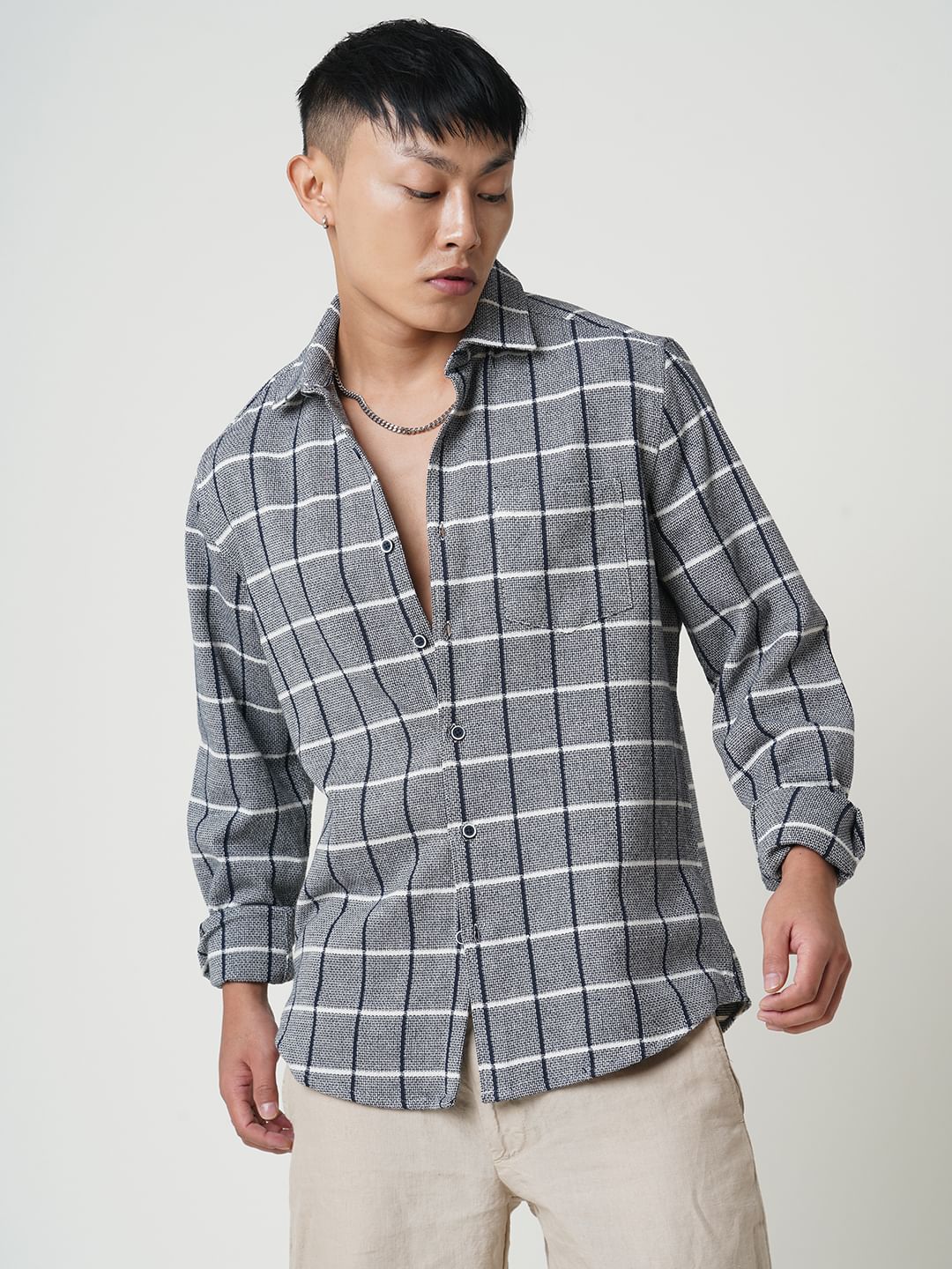 Navy & White Box Checked Tweed Shirt