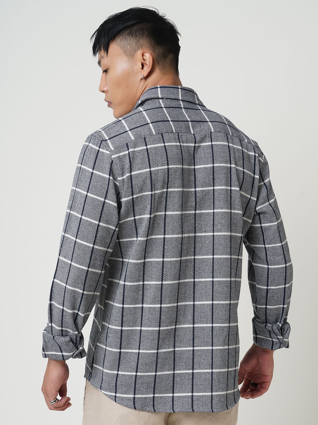 Navy & White Box Checked Tweed Shirt