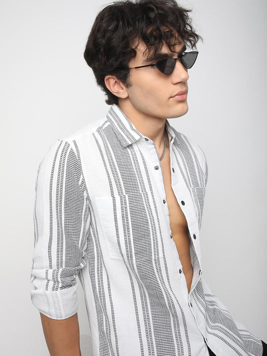 Refined White Double Pocket Waffle Striped Shirt