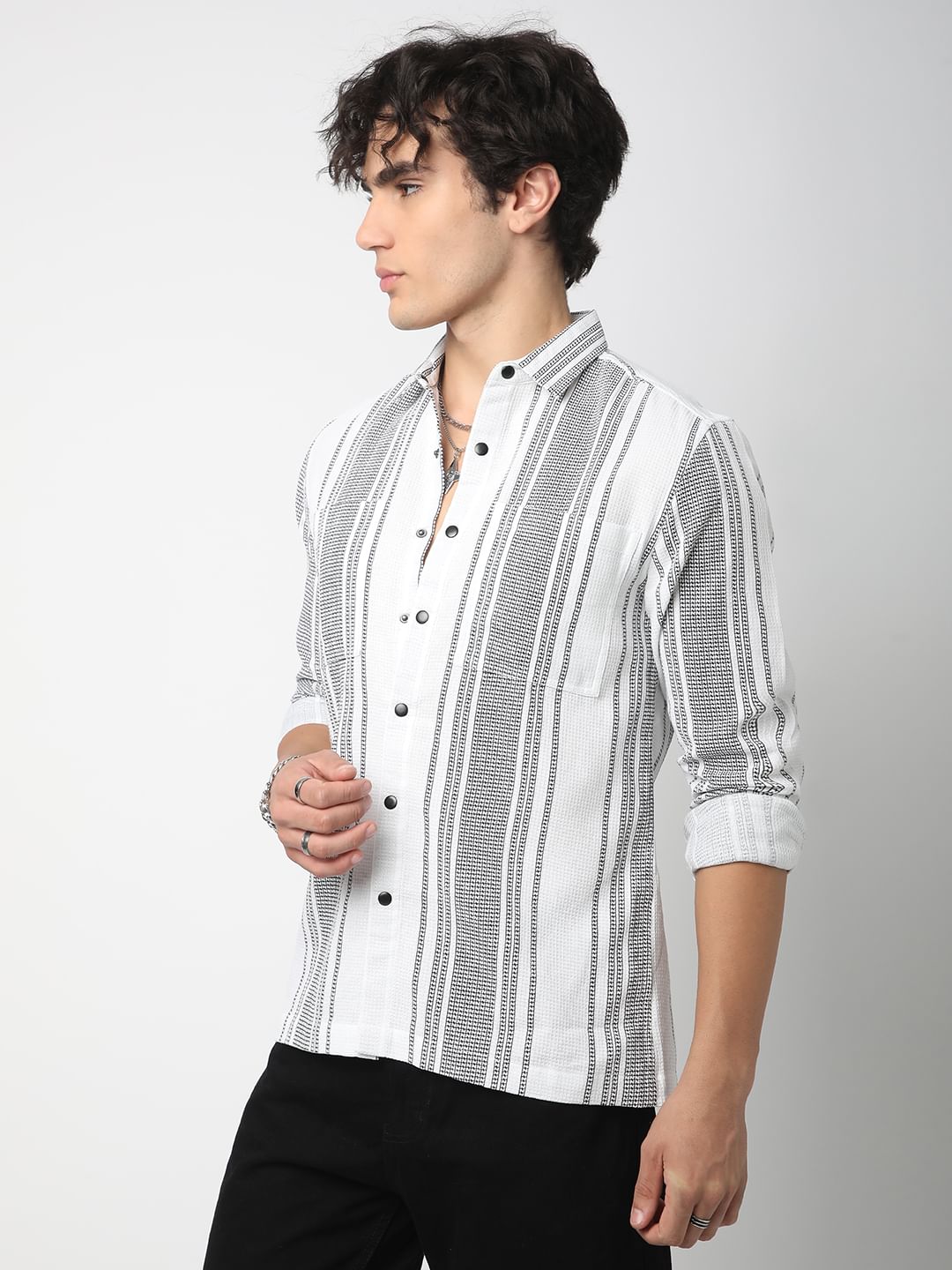 Refined White Double Pocket Waffle Striped Shirt
