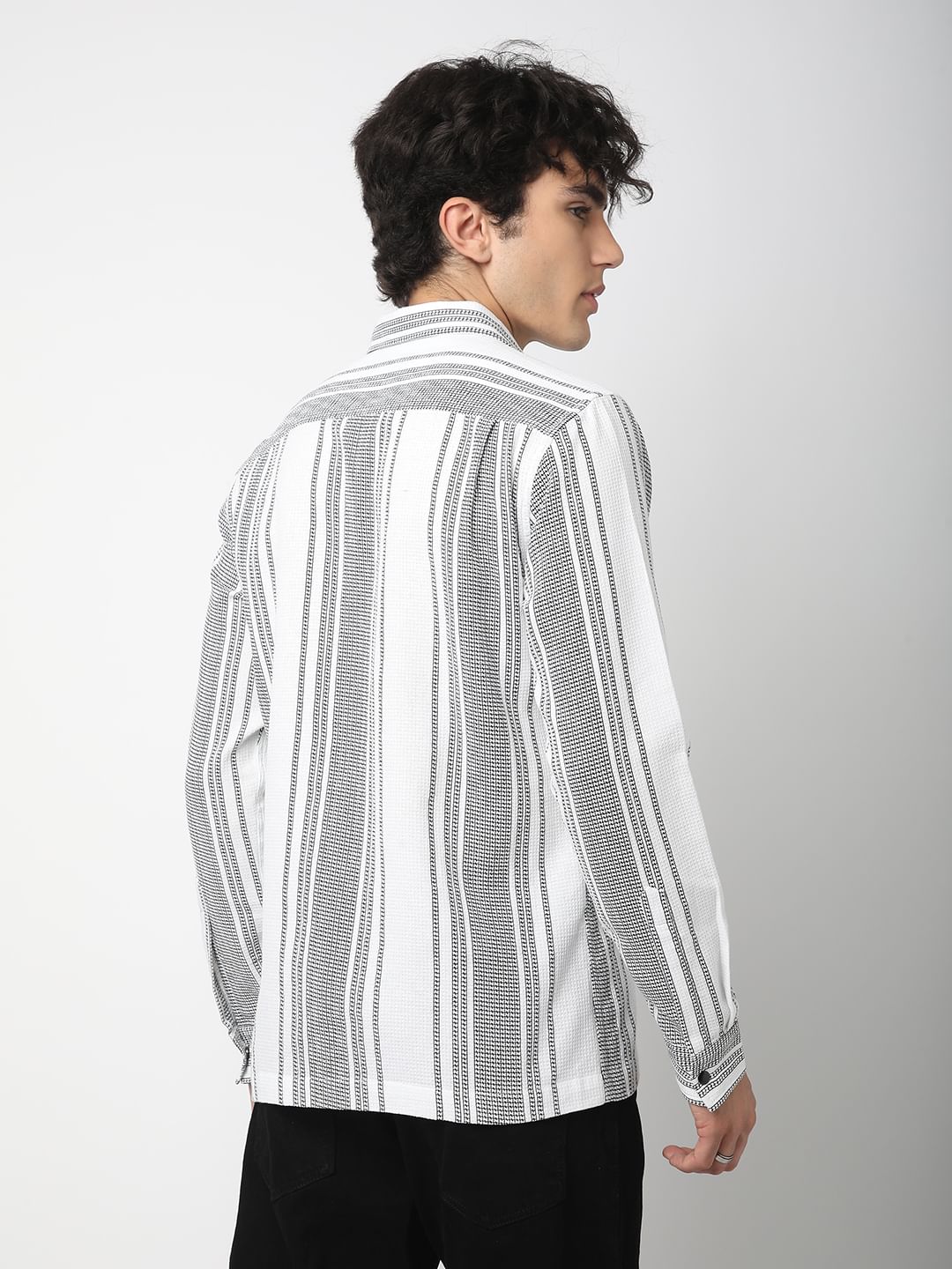 Refined White Double Pocket Waffle Striped Shirt