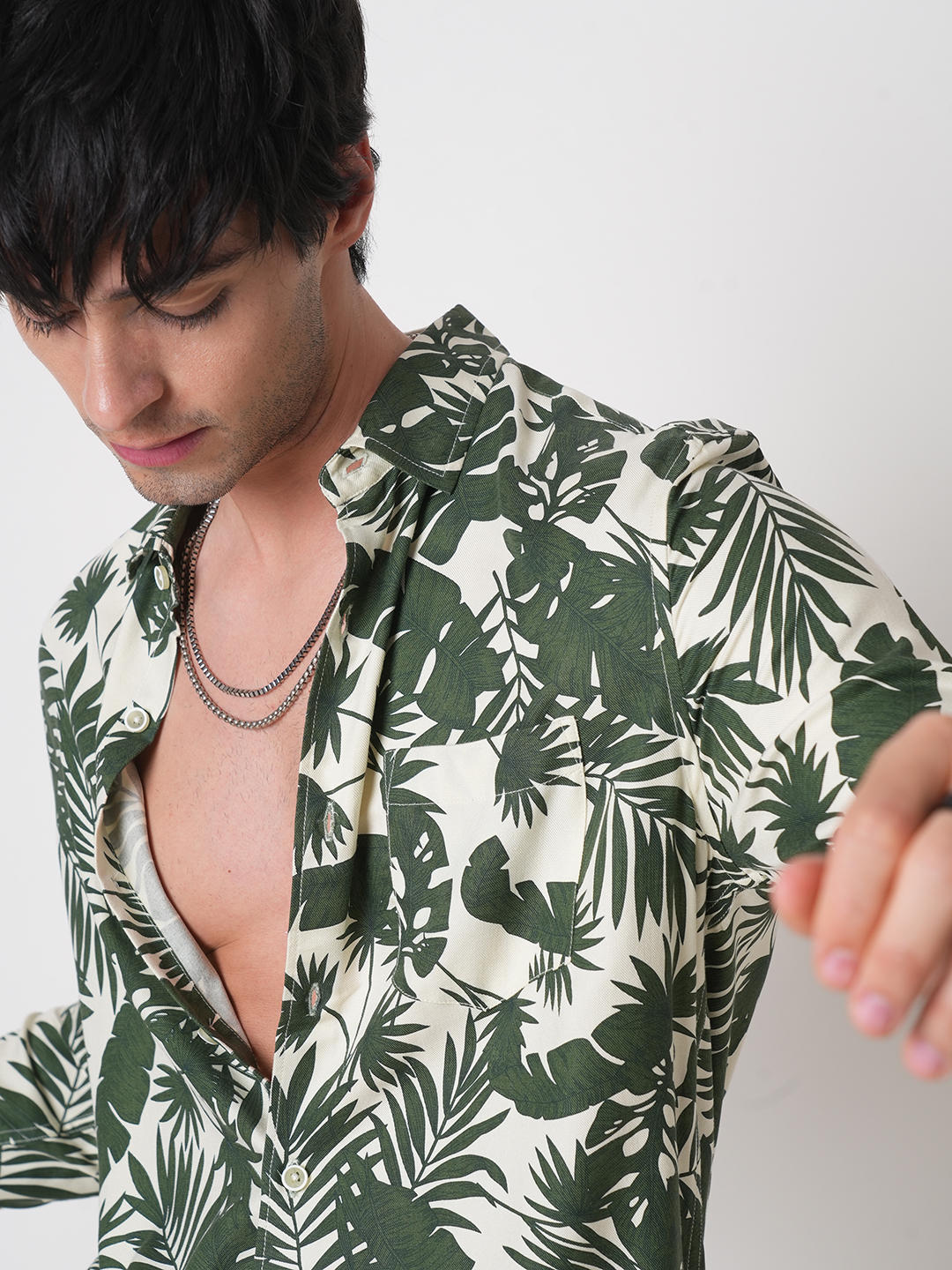 Cream & Olive Leafy Printed Shirt