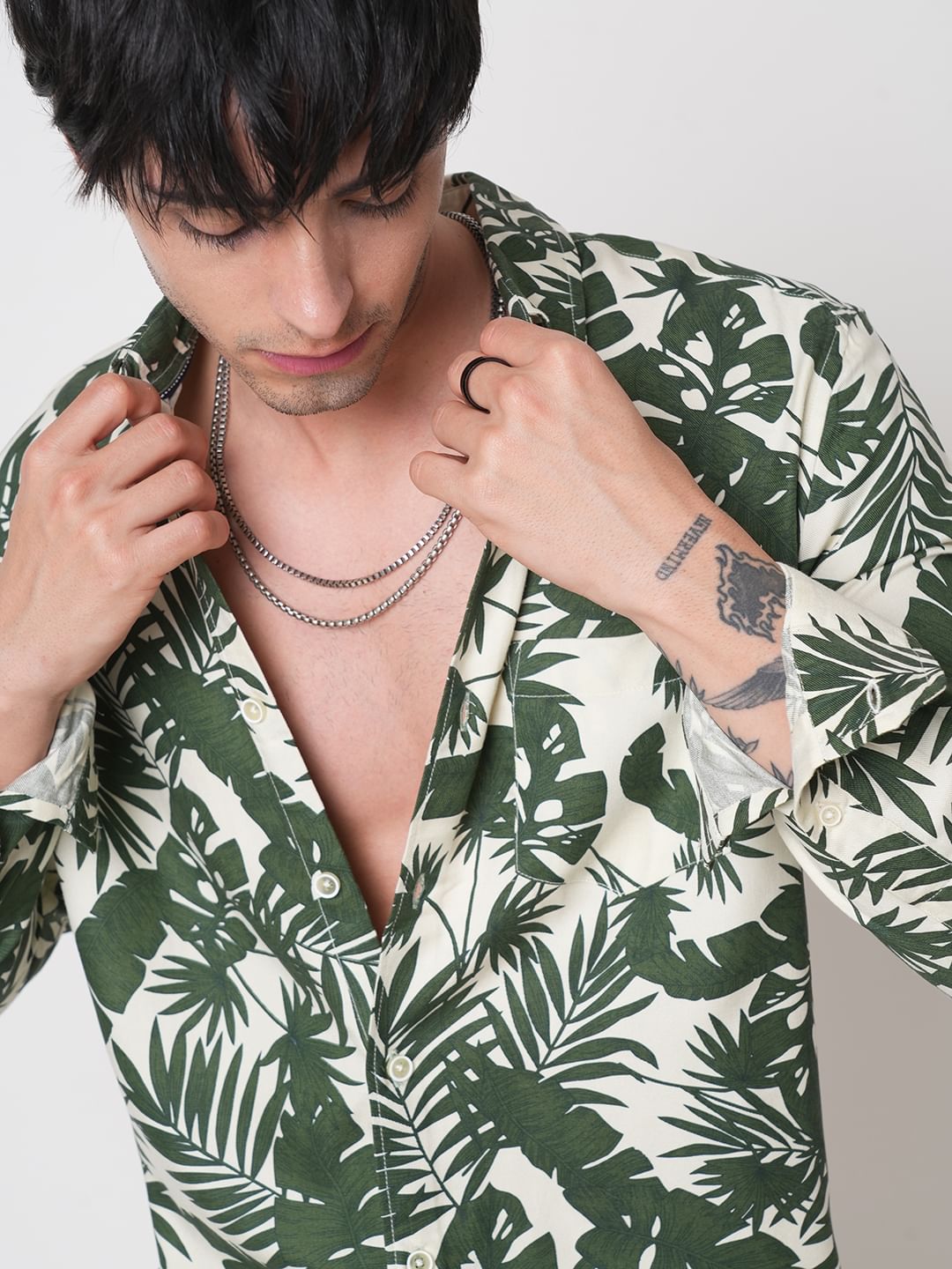 Cream & Olive Leafy Printed Shirt