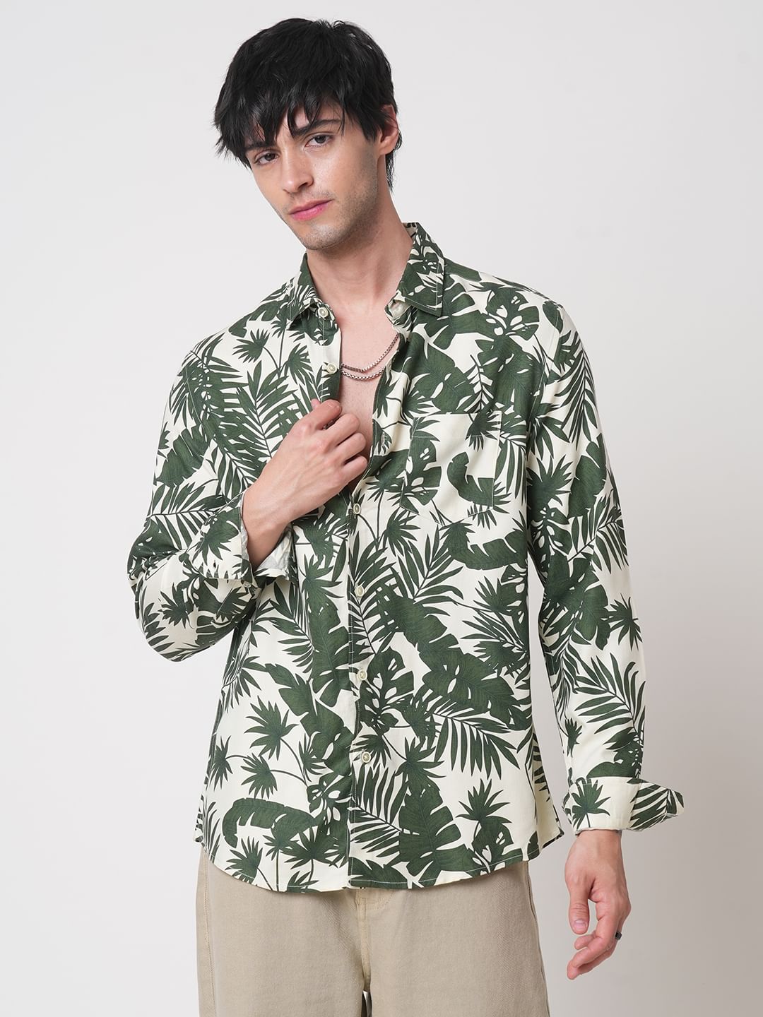 Cream & Olive Leafy Printed Shirt