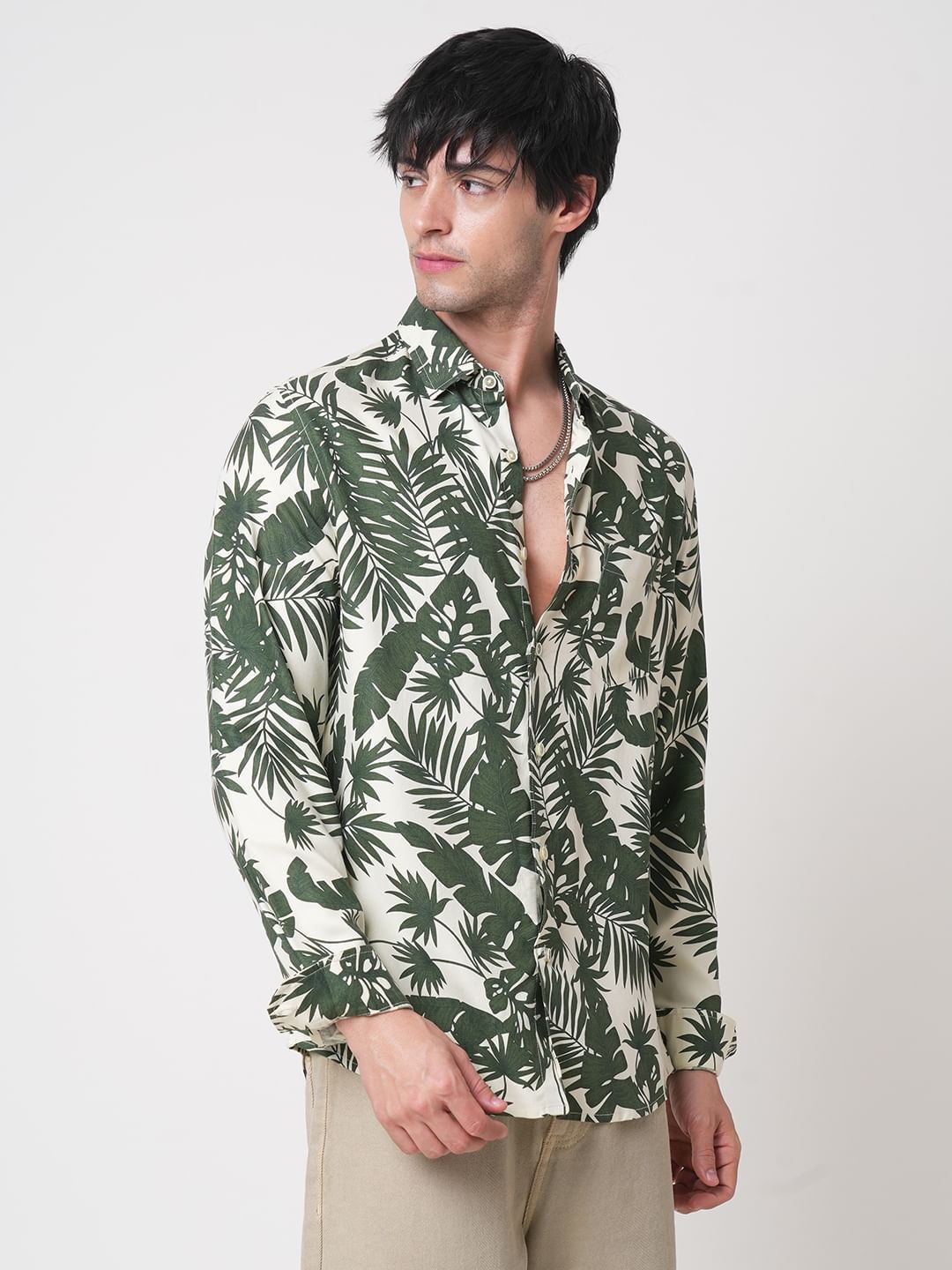 Cream & Olive Leafy Printed Shirt