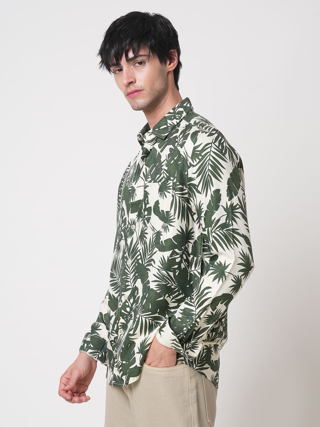 Cream & Olive Leafy Printed Shirt