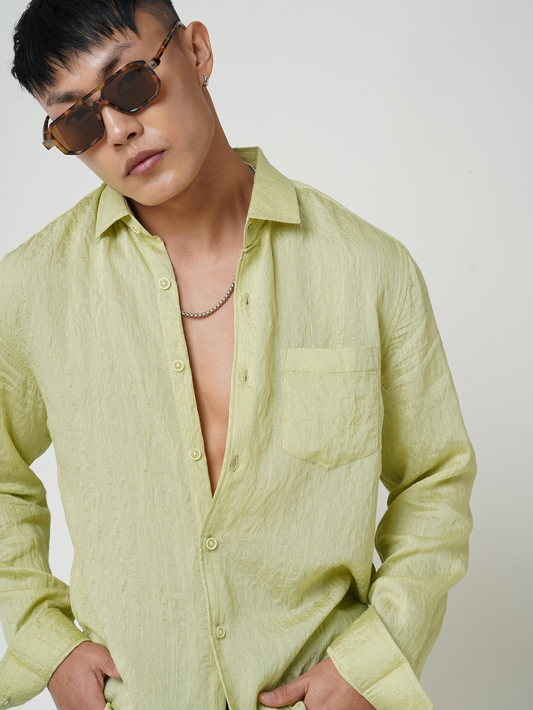 Tea Green Textured Crushed Shirt
