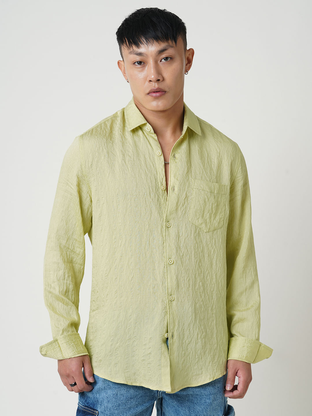 Tea Green Textured Crushed Shirt
