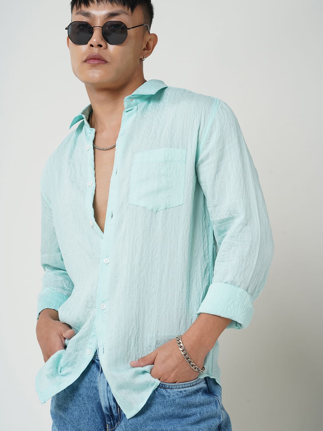 Ice Blue Jacquard Crushed Shirt