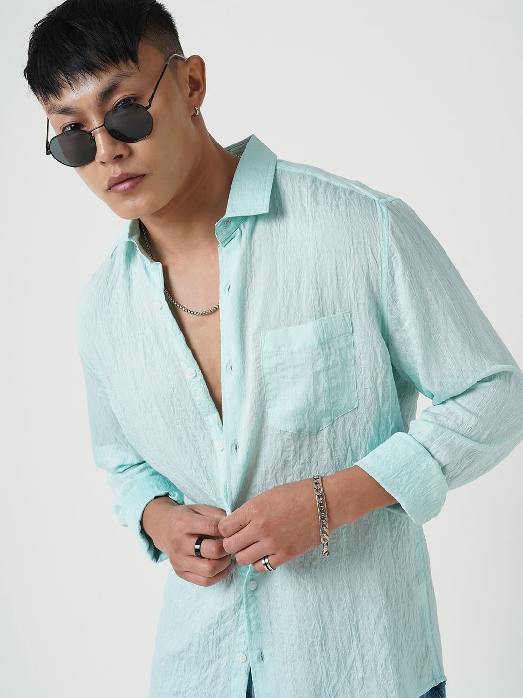 Ice Blue Jacquard Crushed Shirt