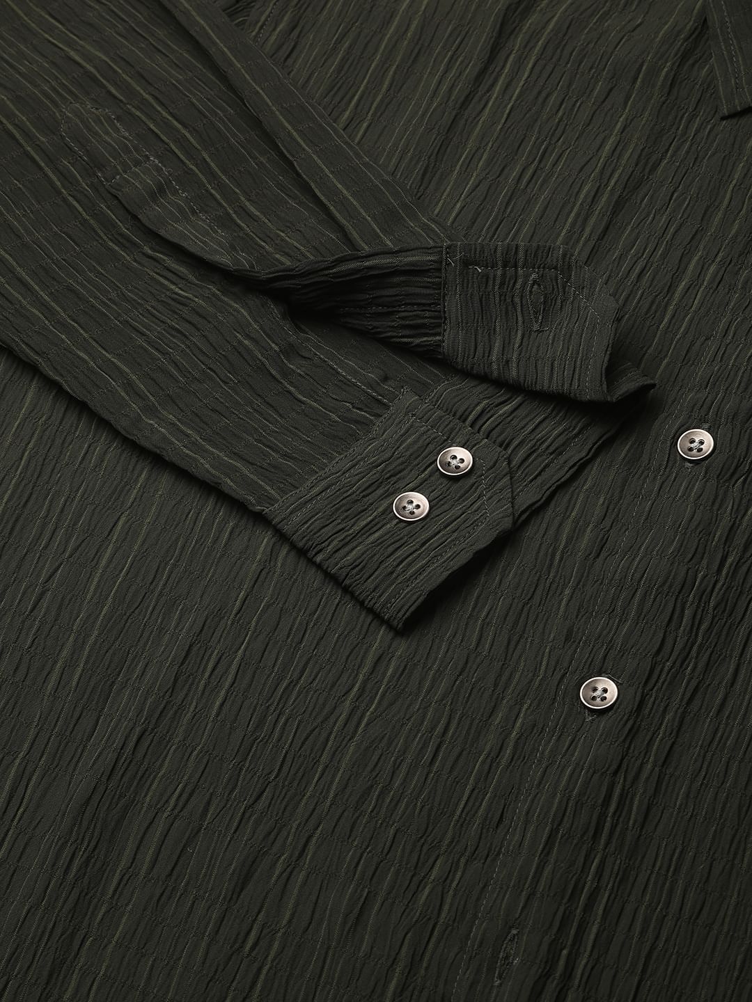 Dark Olive Vertical Striped Creased Shirt