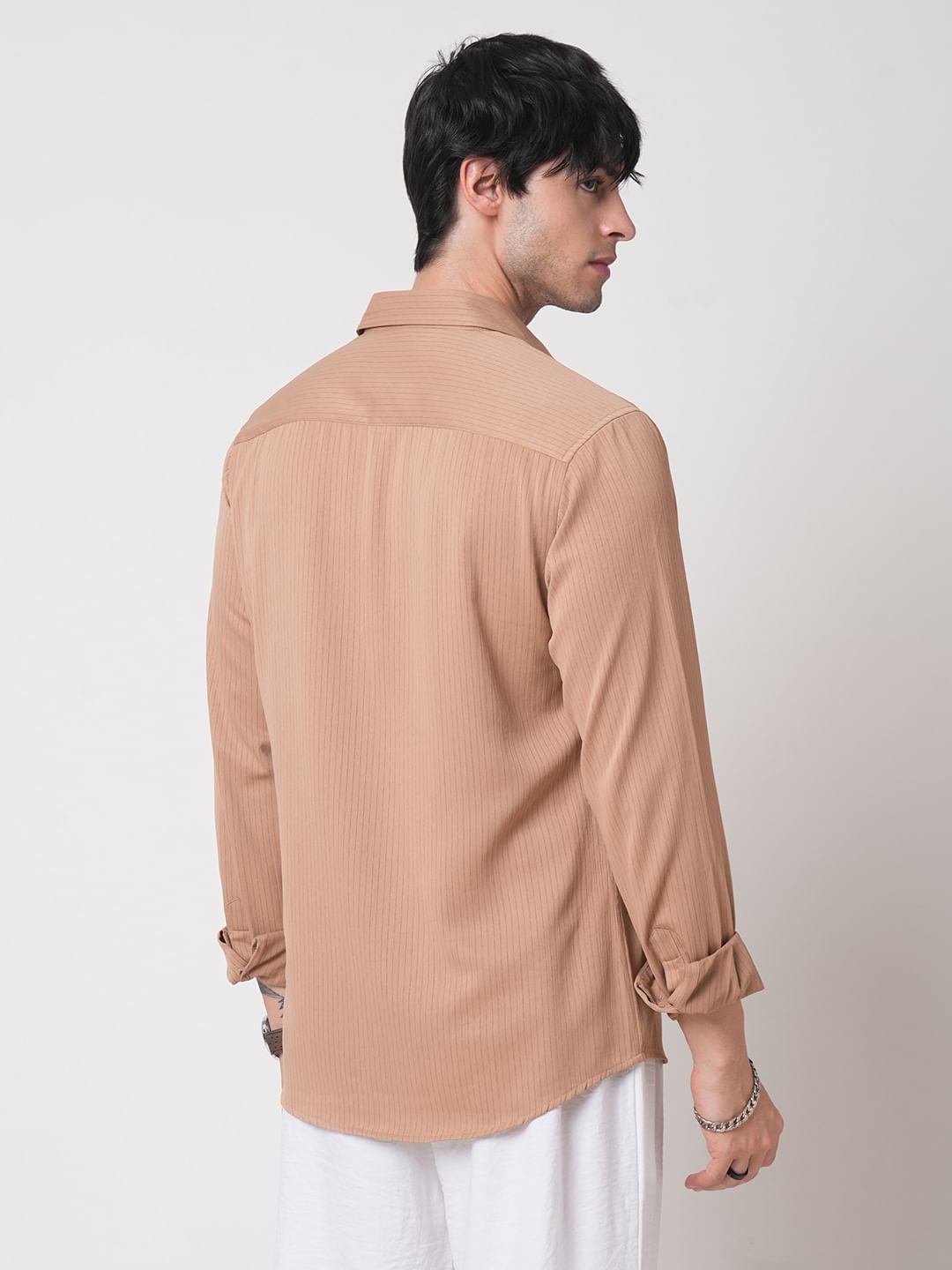 Modish Peanut Brown Line Stripe Crinkled Shirt