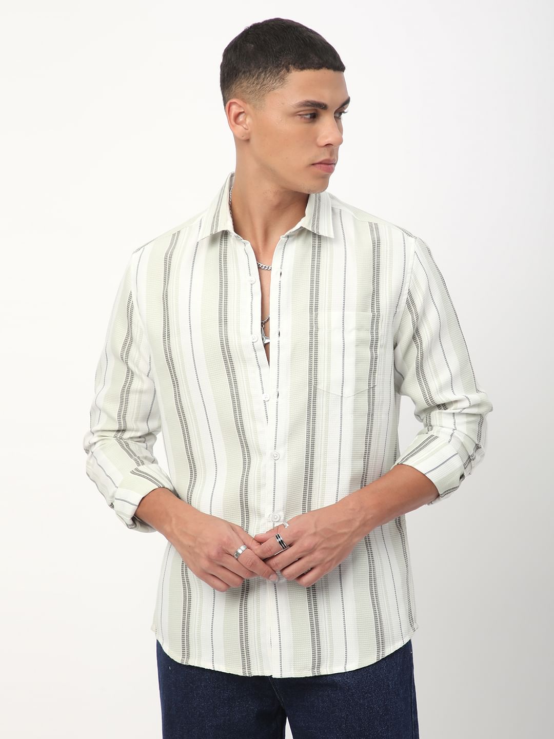 Mint Green Waffle Striped Shirt