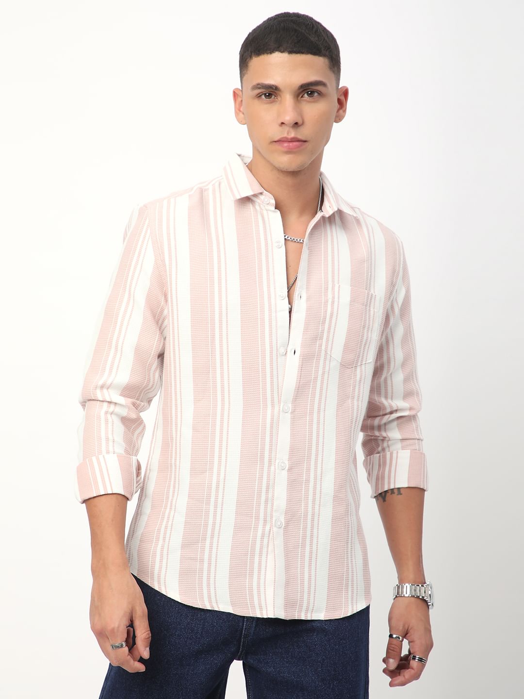 Peachy Pink Waffle Striped Shirt