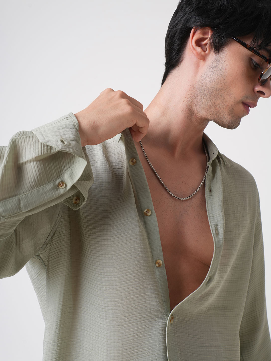 Tea Green Textured Chiffon Shirt