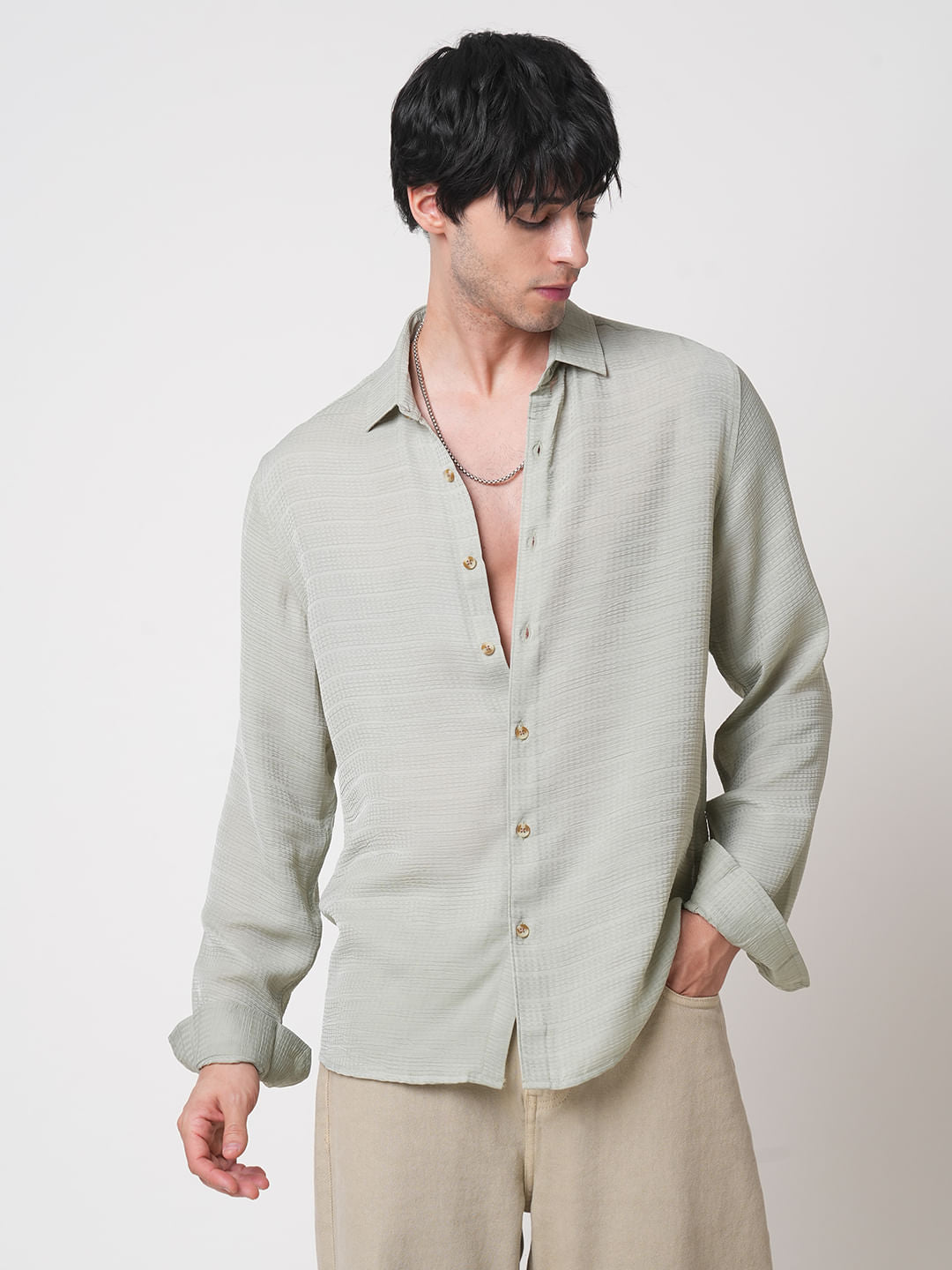 Tea Green Textured Chiffon Shirt