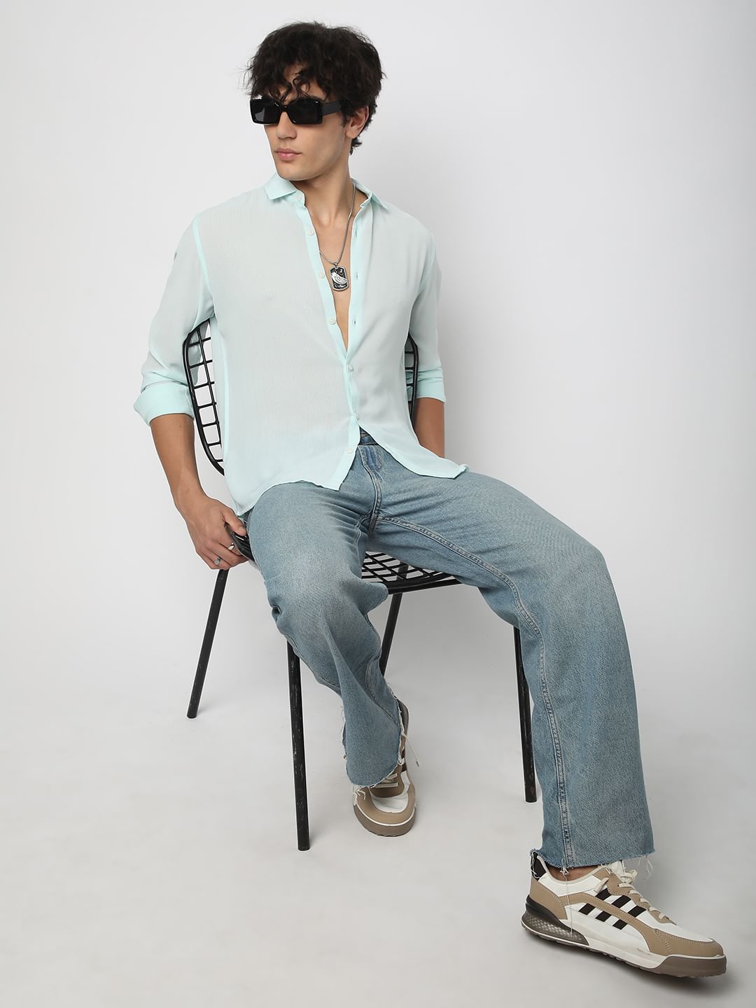 Arctic Blue Line Striped Chiffon Shirt