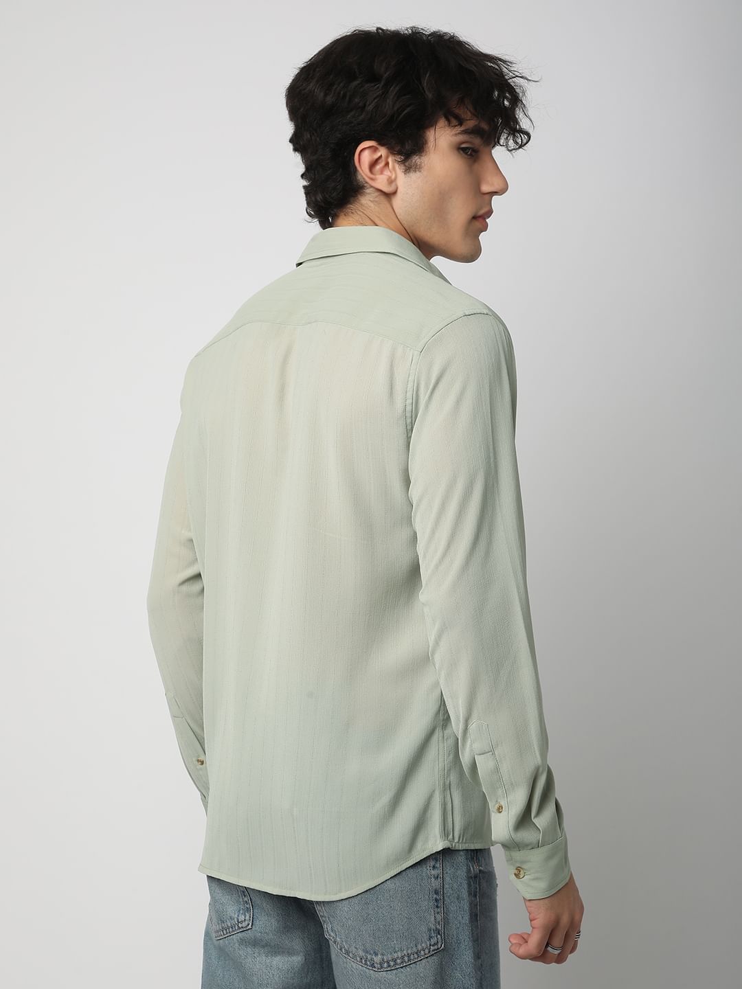 Tea Green Line Striped Chiffon Shirt