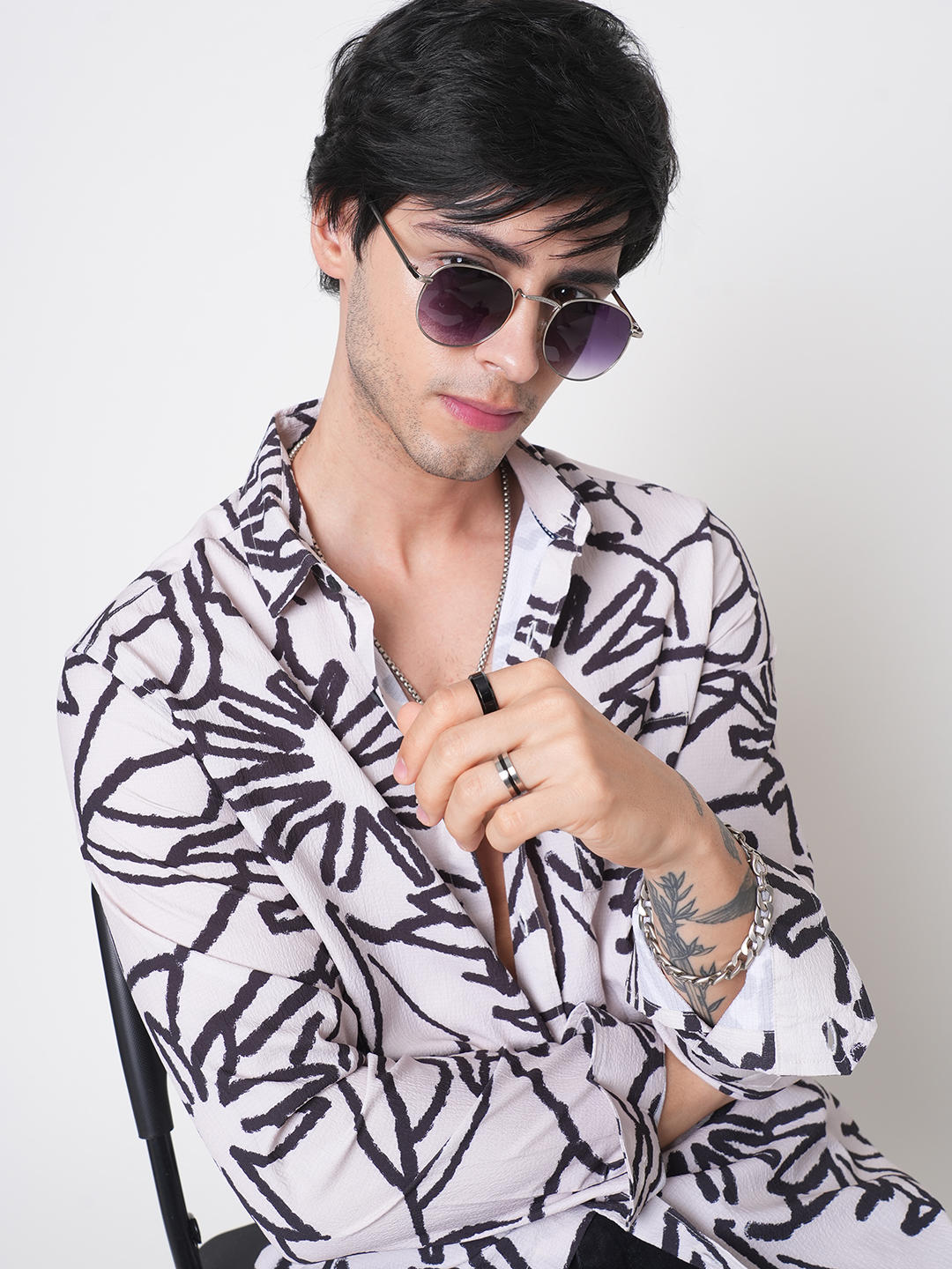 Cream & Black Abstract Printed Creased Shirt
