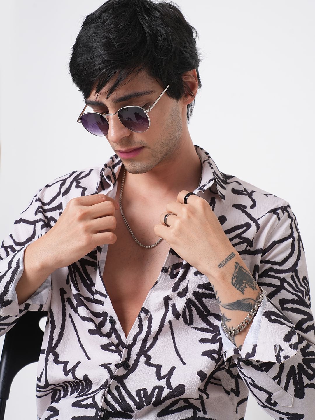 Cream & Black Abstract Printed Creased Shirt