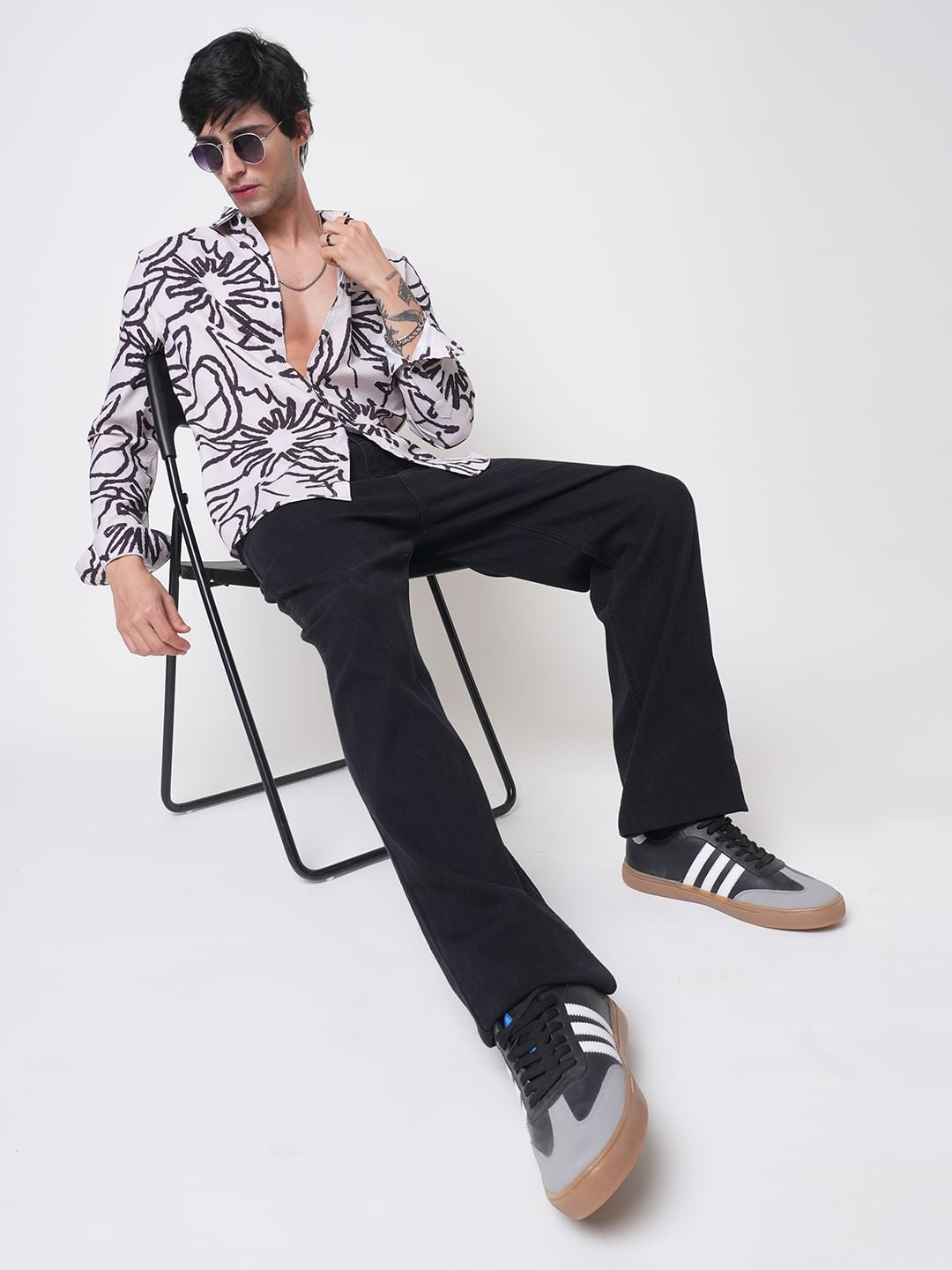 Cream & Black Abstract Printed Creased Shirt