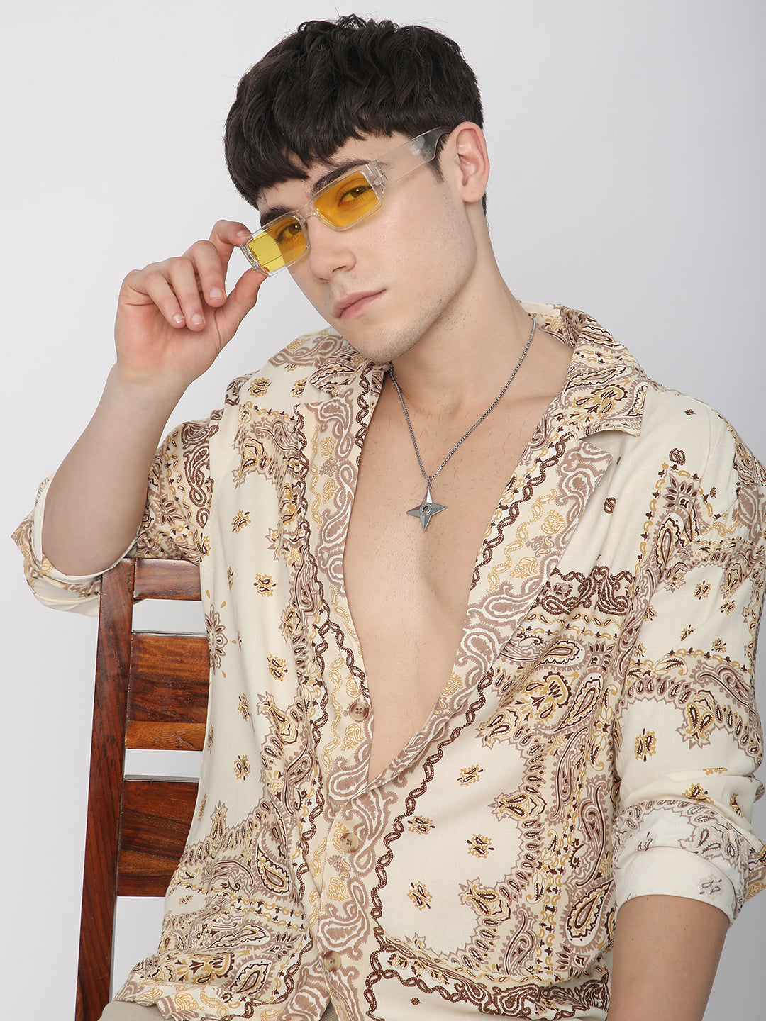 Beige Paisley Printed Lapel Collar Oversized Shirt