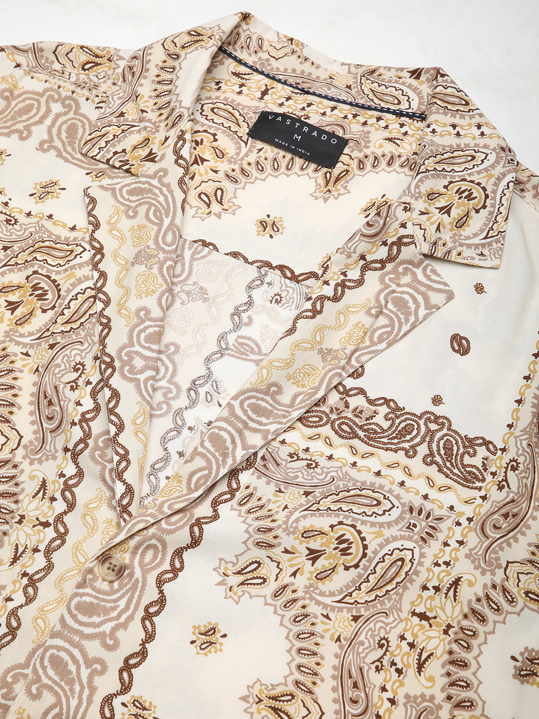 Beige Paisley Printed Lapel Collar Oversized Shirt