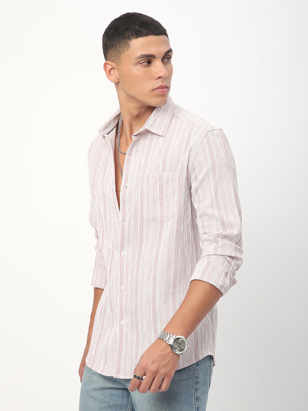 Coral & White Striped Creased Shirt