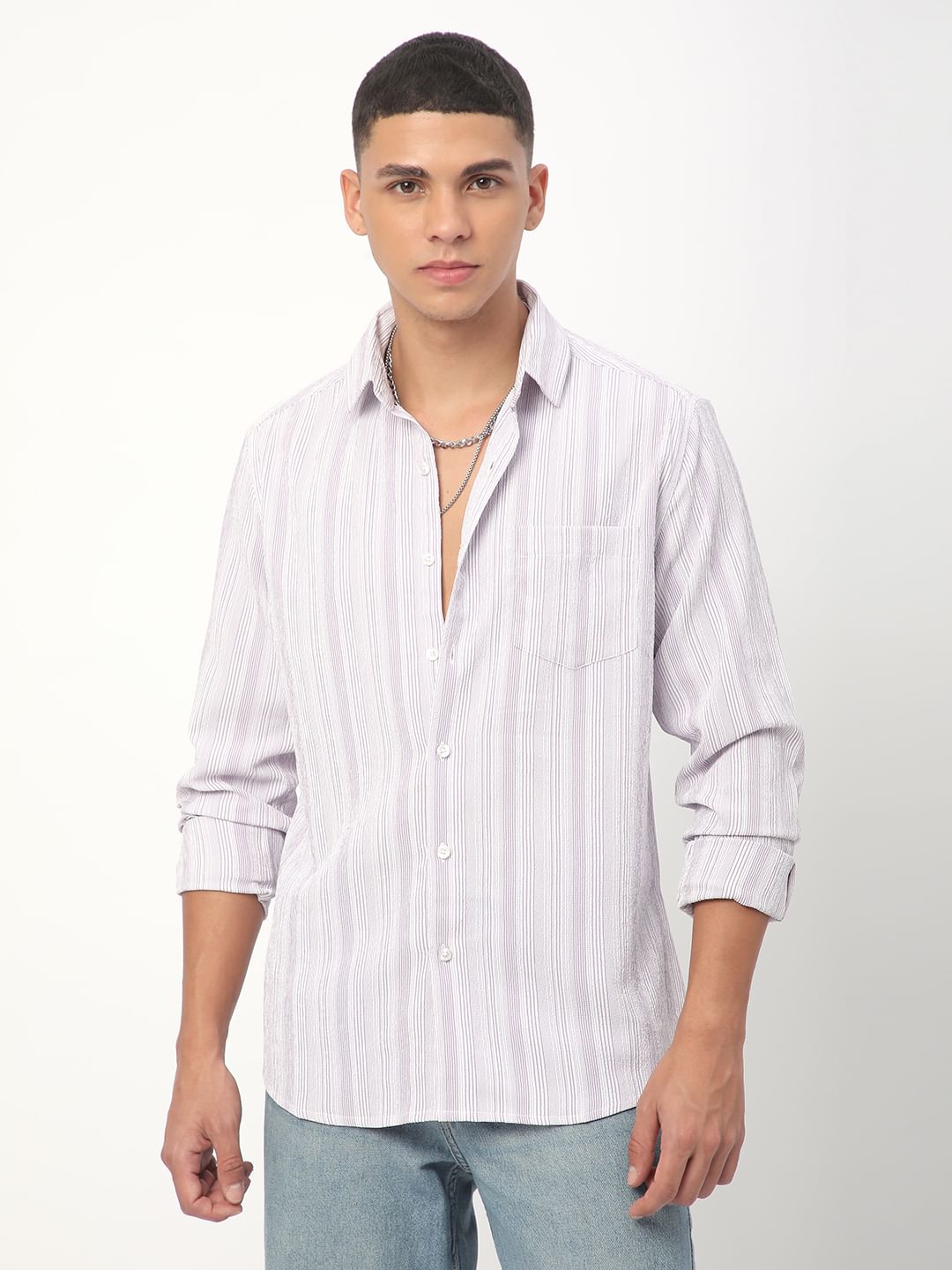 Lilac & White Striped Creased Shirt