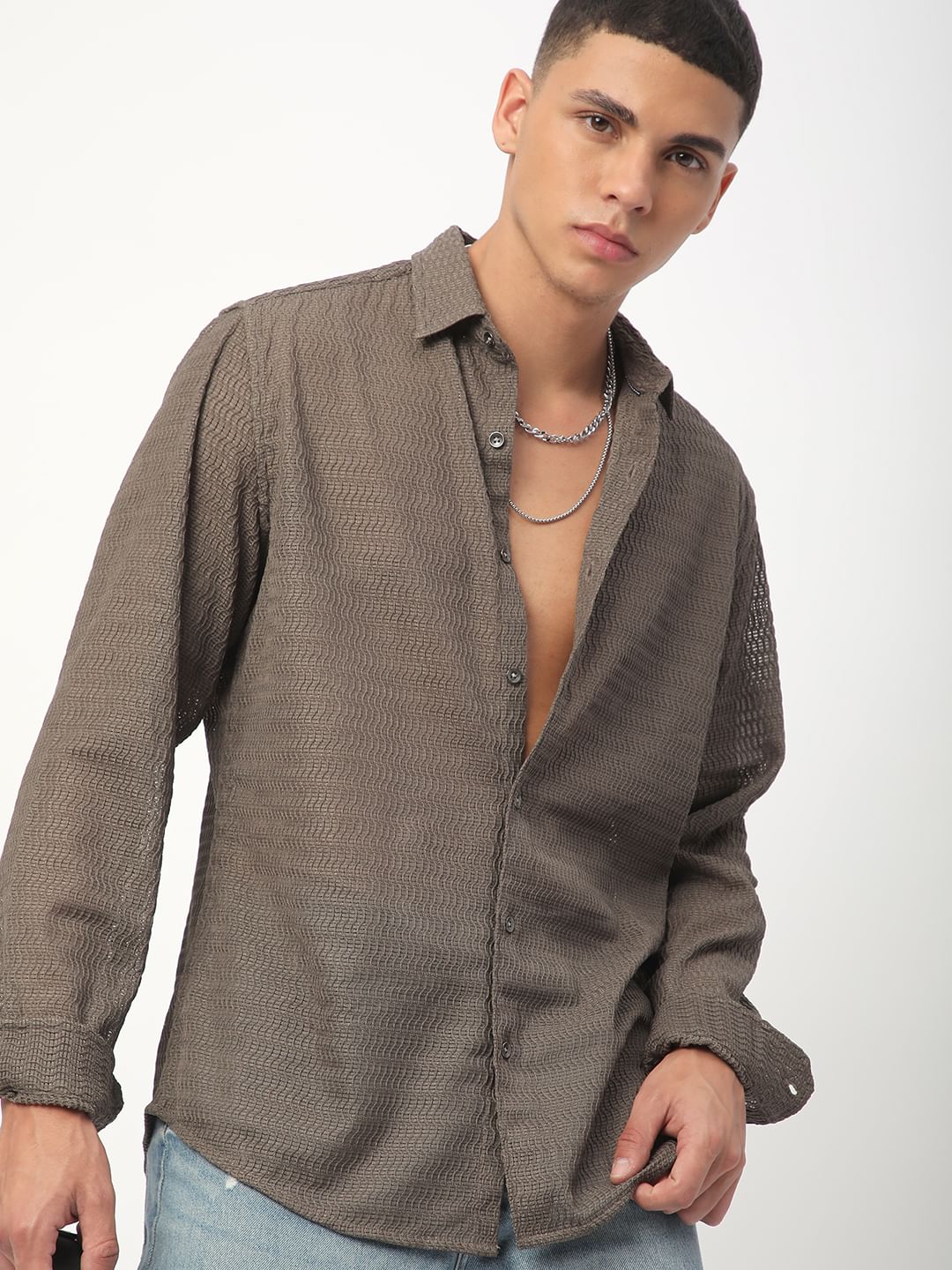 Pale Olive Wavy Textured Shirt