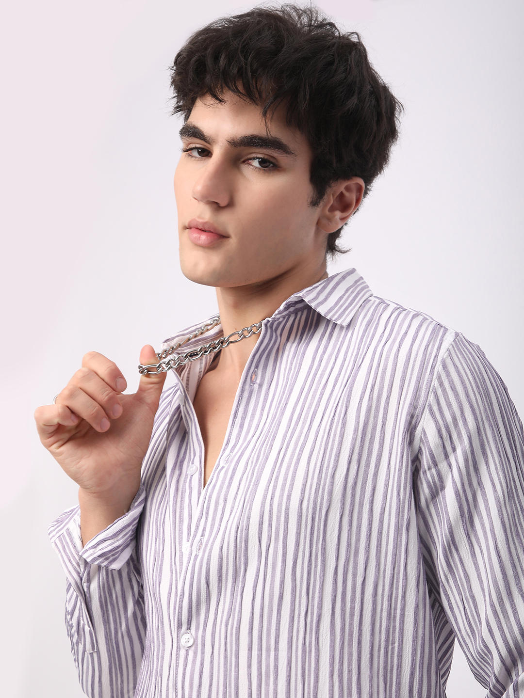 Purple & White Creased Stripe Shirt