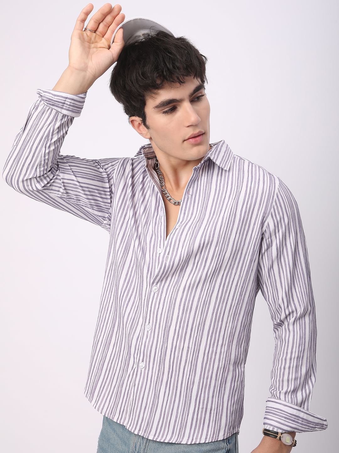 Purple & White Creased Stripe Shirt