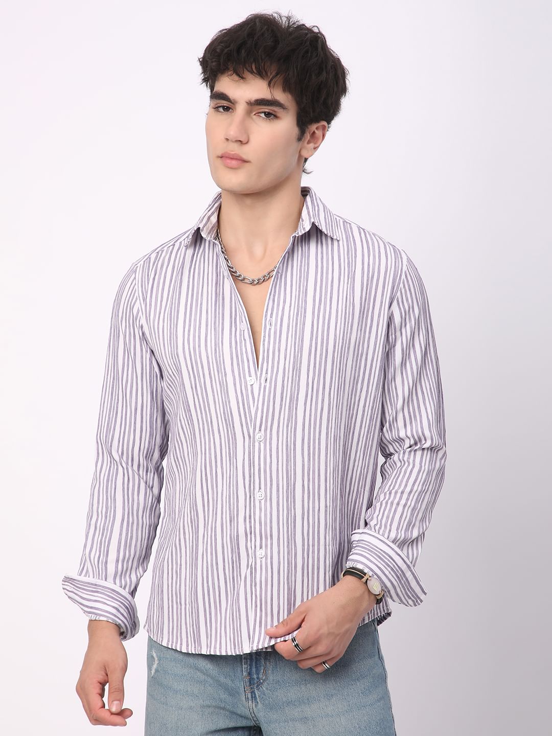Purple & White Creased Stripe Shirt