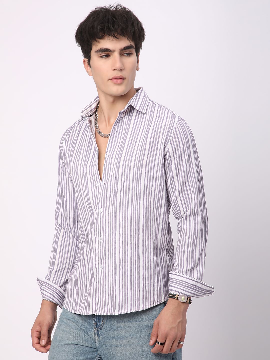 Purple & White Creased Stripe Shirt