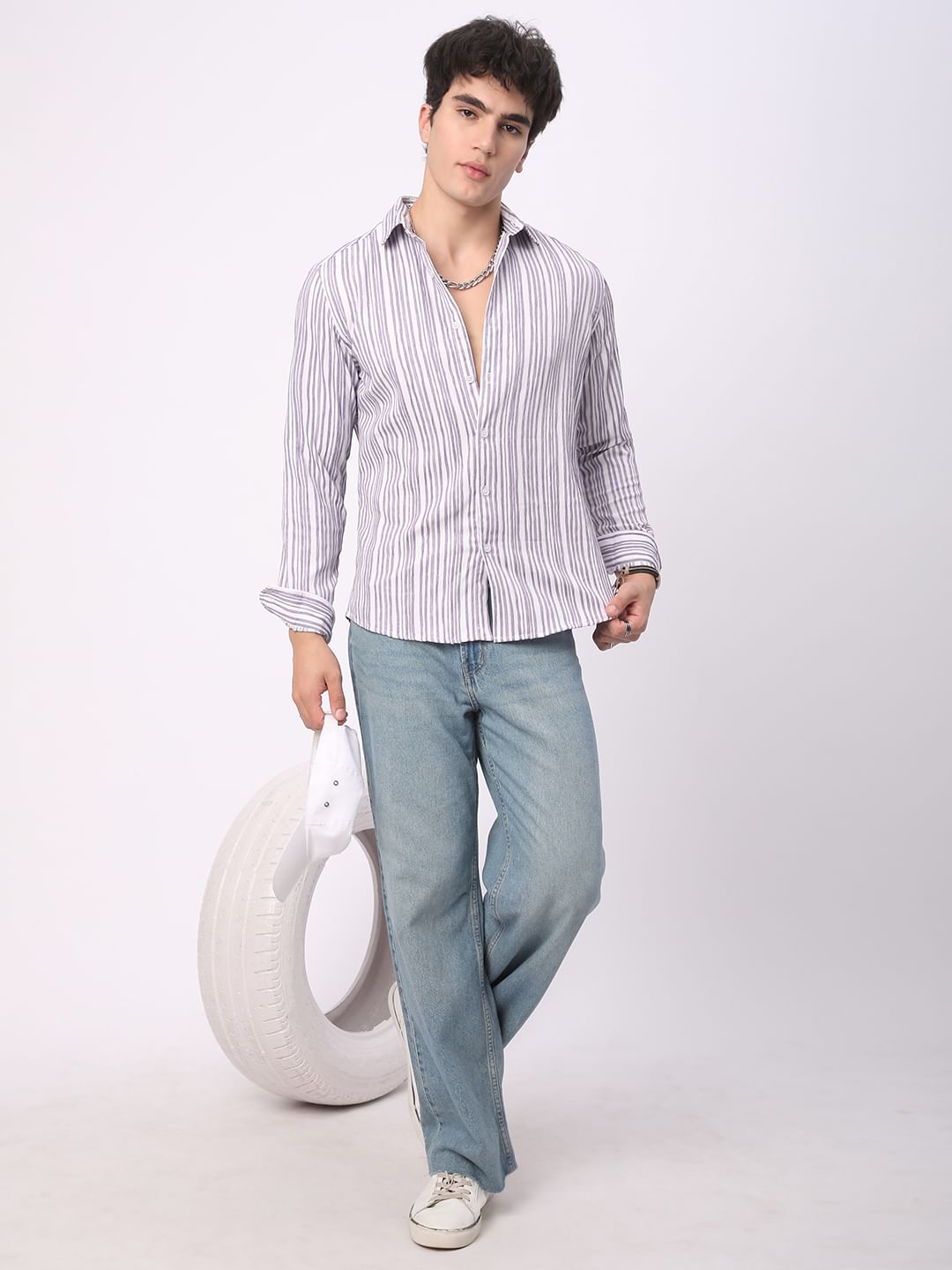 Purple & White Creased Stripe Shirt