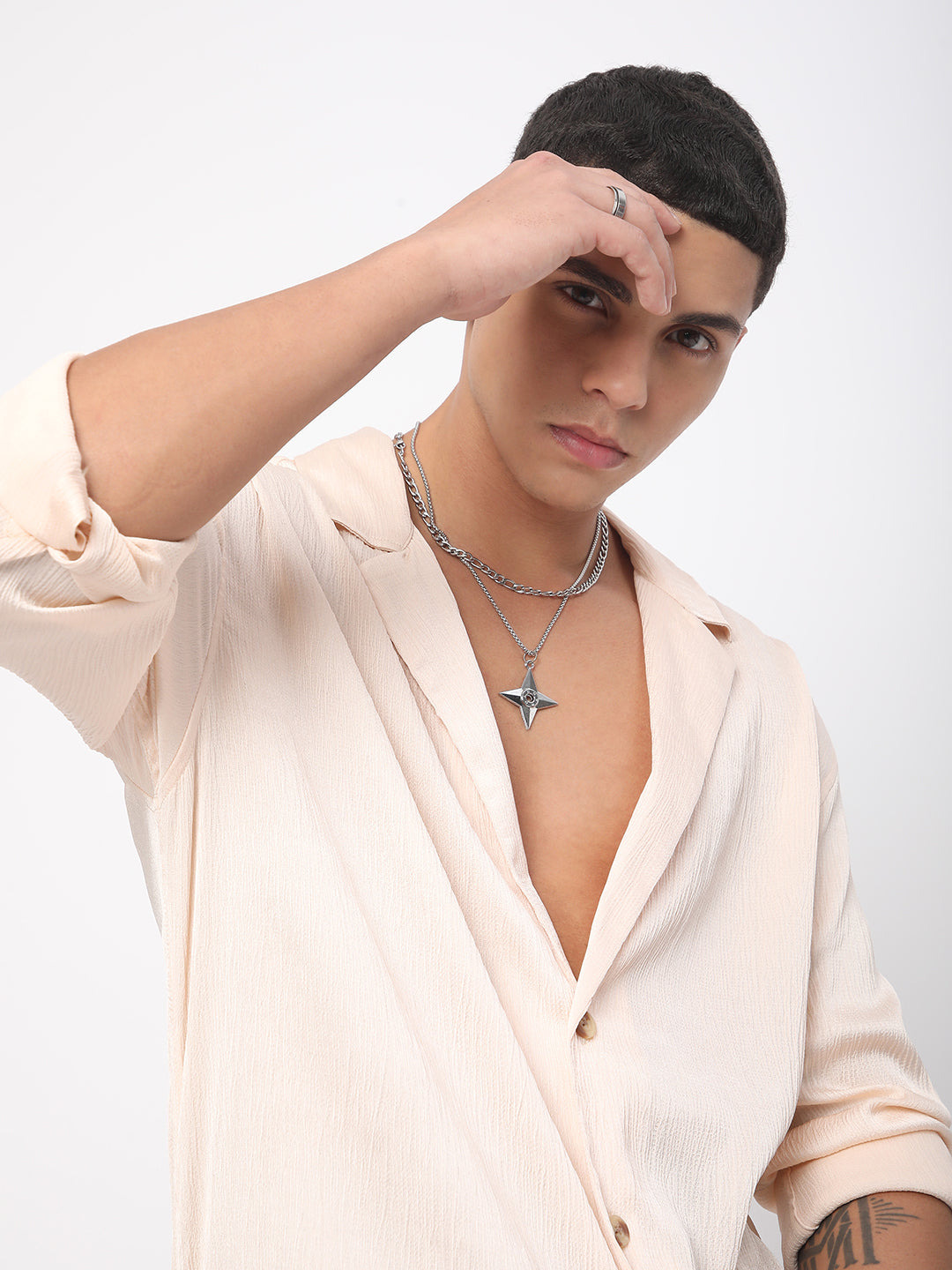 Glinty Cream Notched Lapel Collar Creased Oversized Shirt