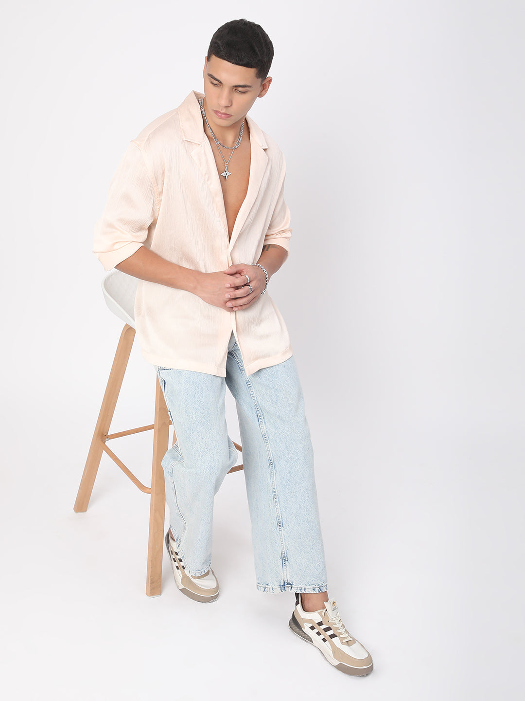 Glinty Cream Notched Lapel Collar Creased Oversized Shirt