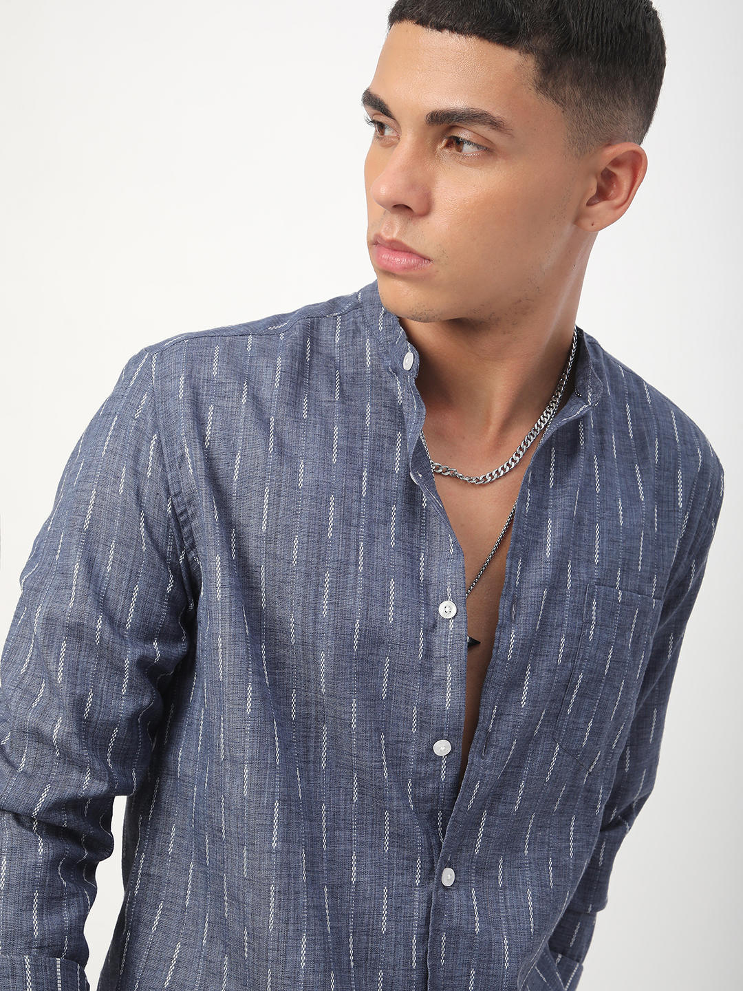 Midnight Blue Dobby Striped Mandarin Shirt