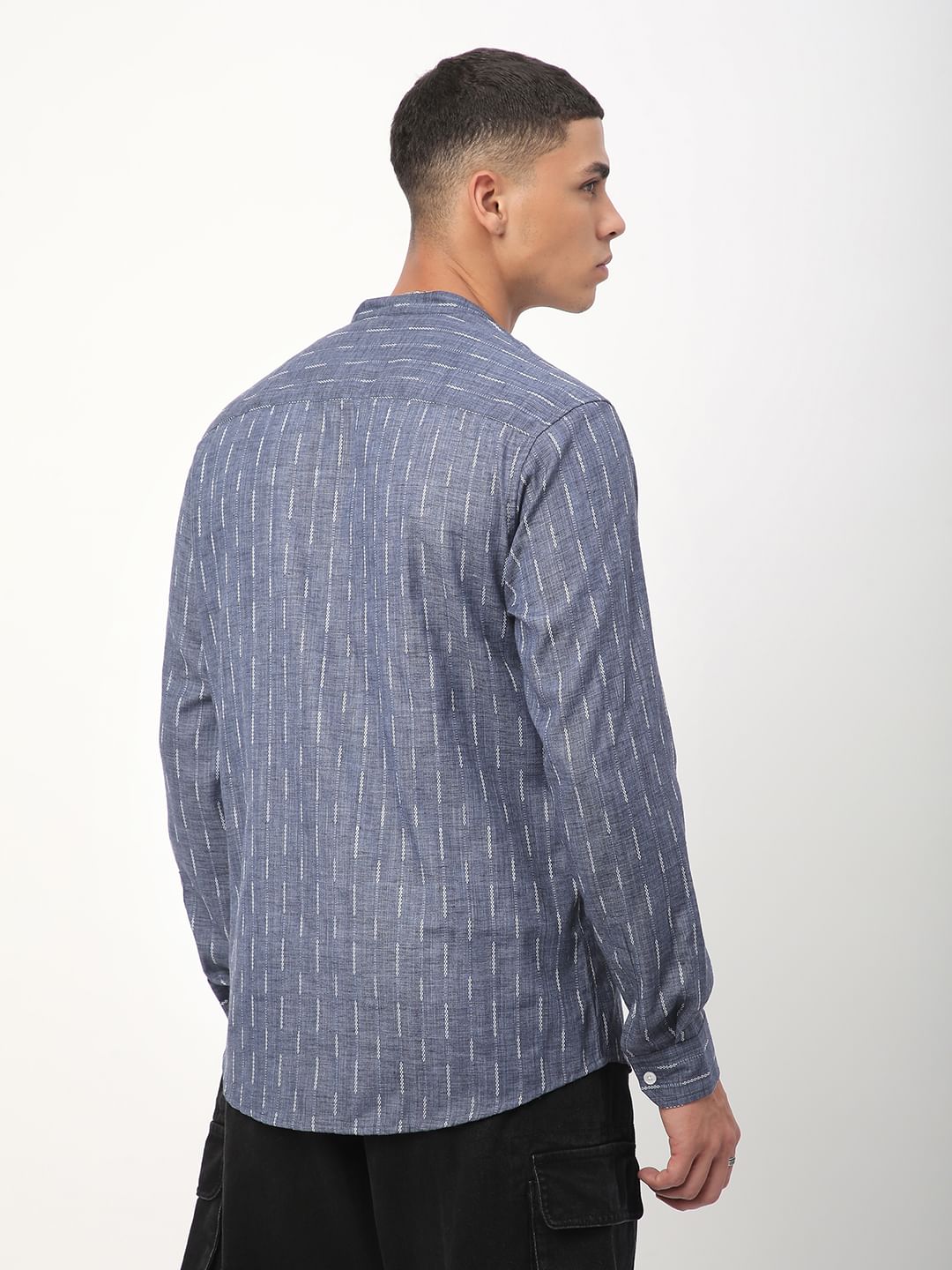 Midnight Blue Dobby Striped Mandarin Shirt