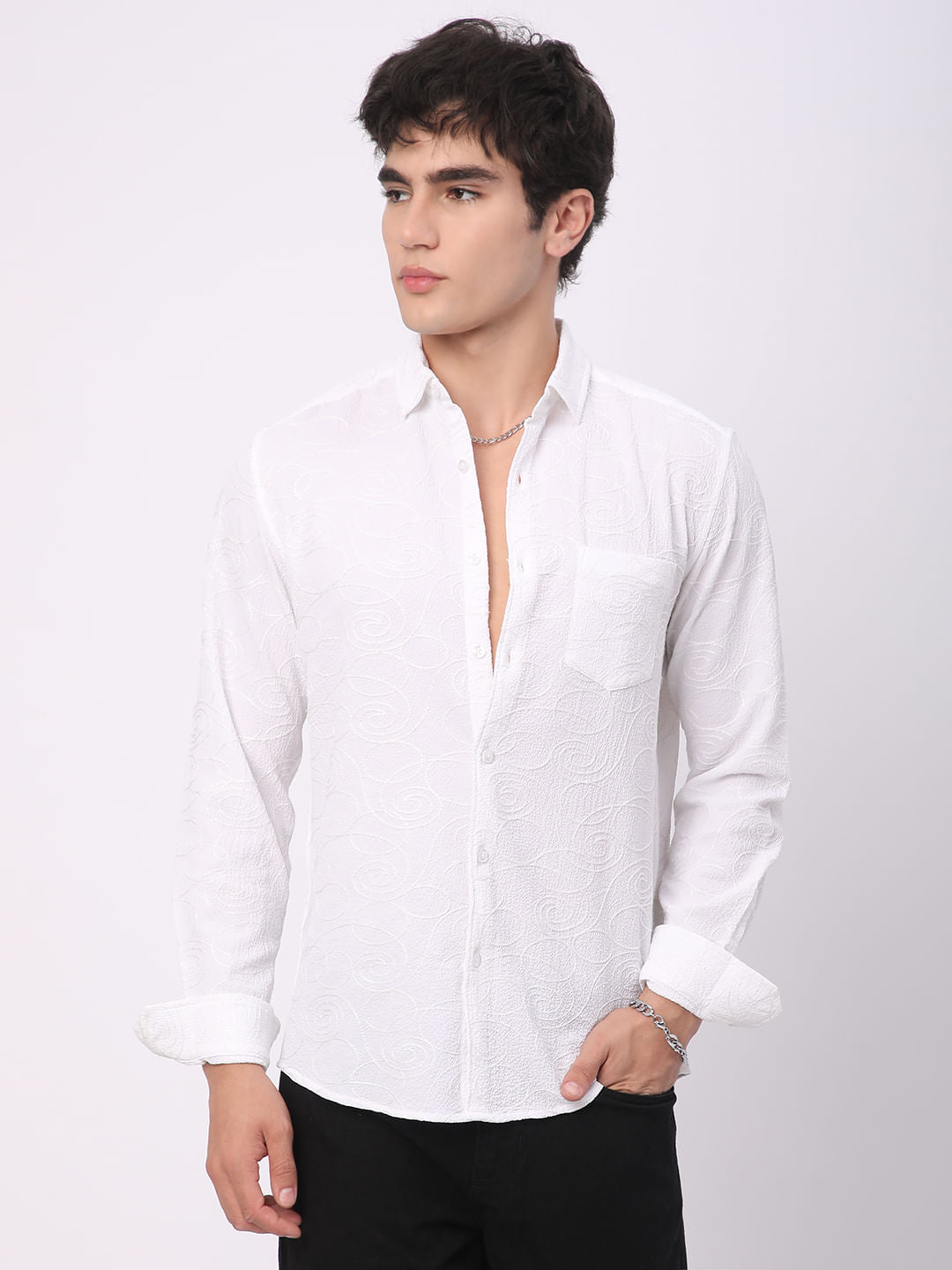 Intricate Snow White Embroidered Shirt