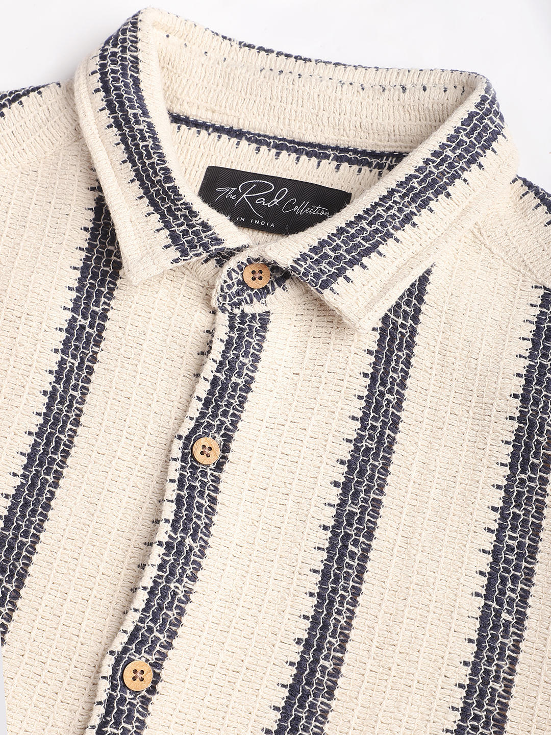 Premium Cotton Ivory & Navy Vertical Striped Crochet Shirt